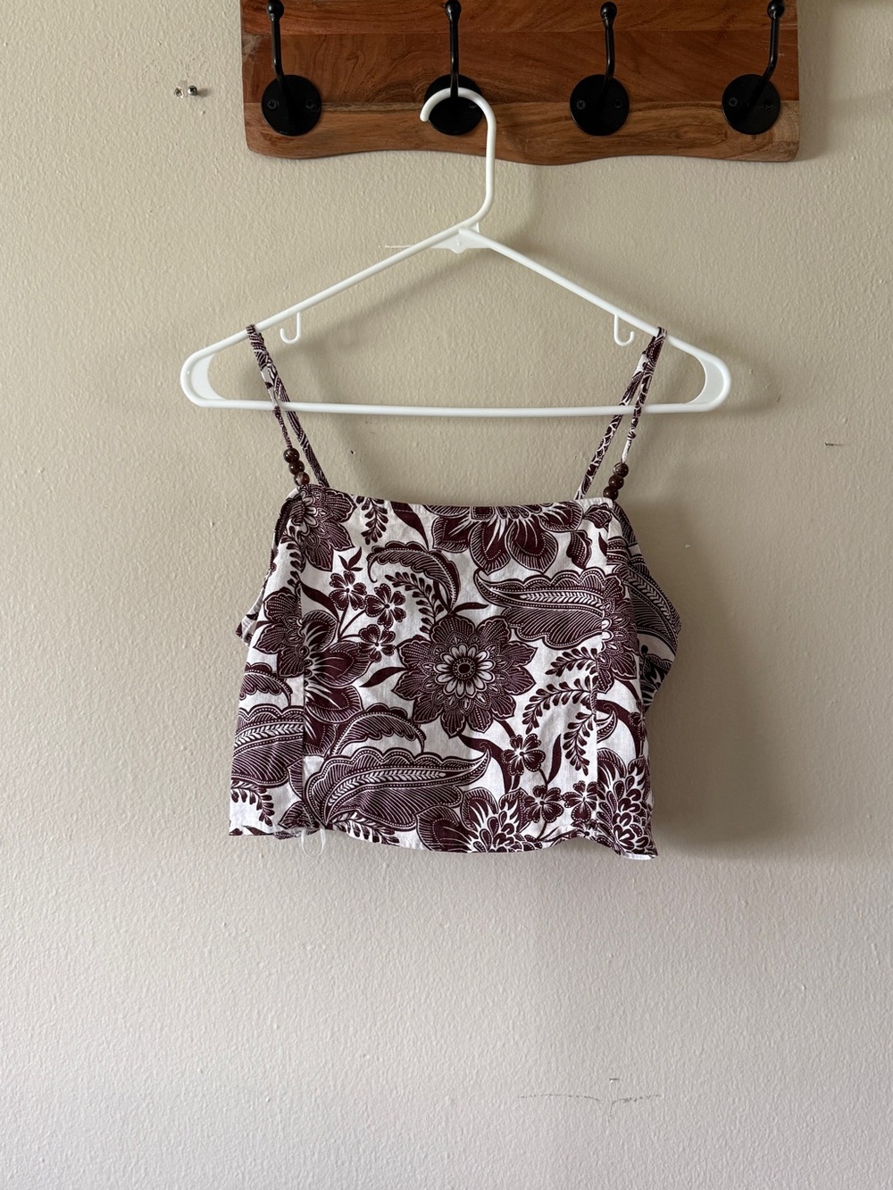 Rachel Zoe White Burgundy Floral Linen Blend Smocked Beaded Cami Top size L